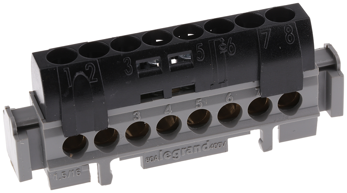 Legrand Distribution Block, 8 Way, 400V ac, 80A, Black