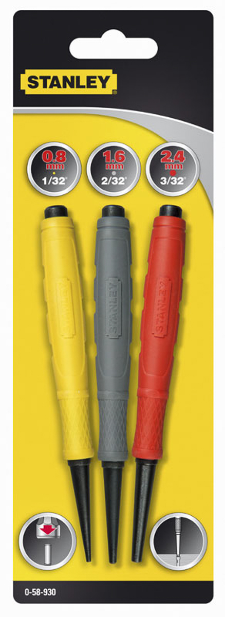 Stanley 3-Piece Punch Set, Pin Punch, 2.4mm Shank, 571.5 mm Overall