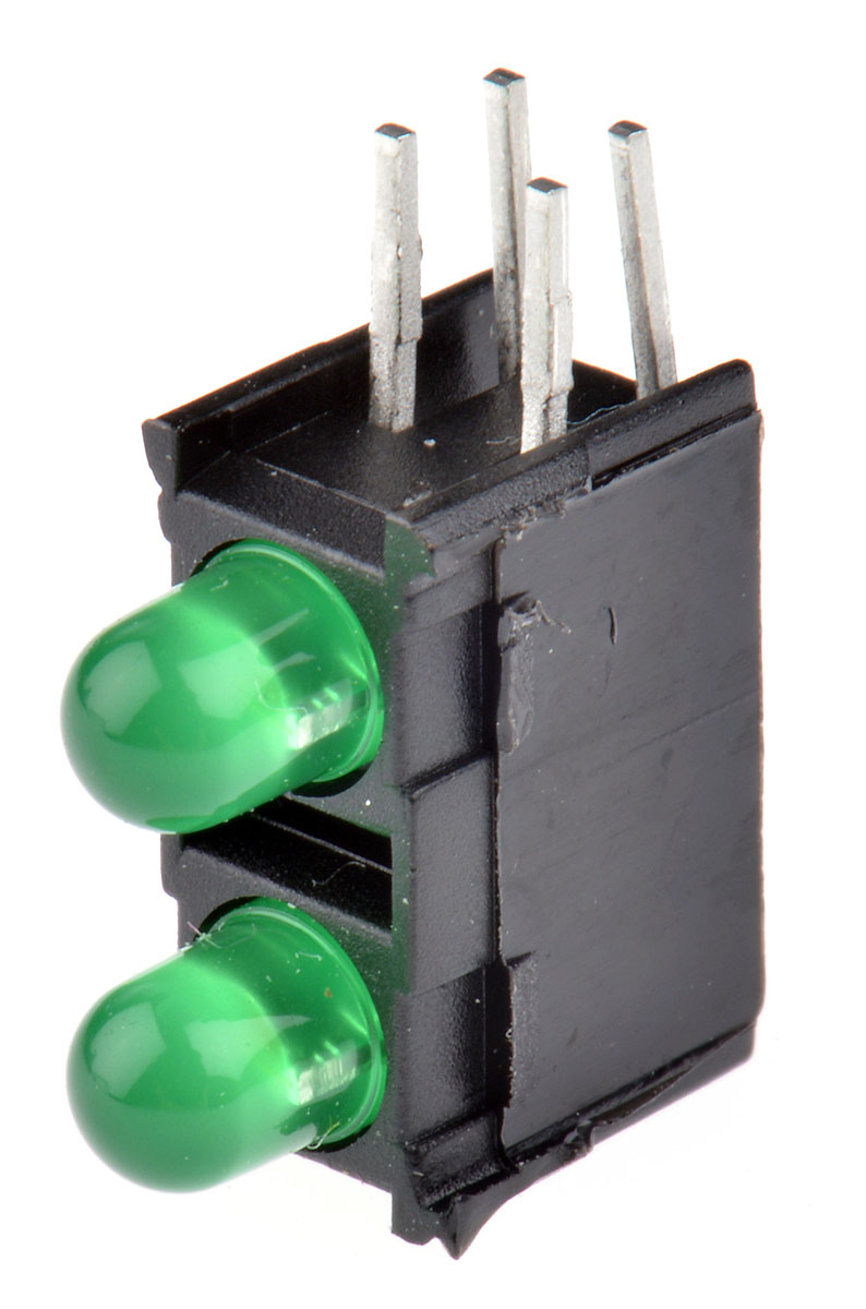 Schurter 0035.9675.4 Green Right Angle PCB LED Indicator, 2 LEDs 5 mm (T-1 3/4) 2.1 V