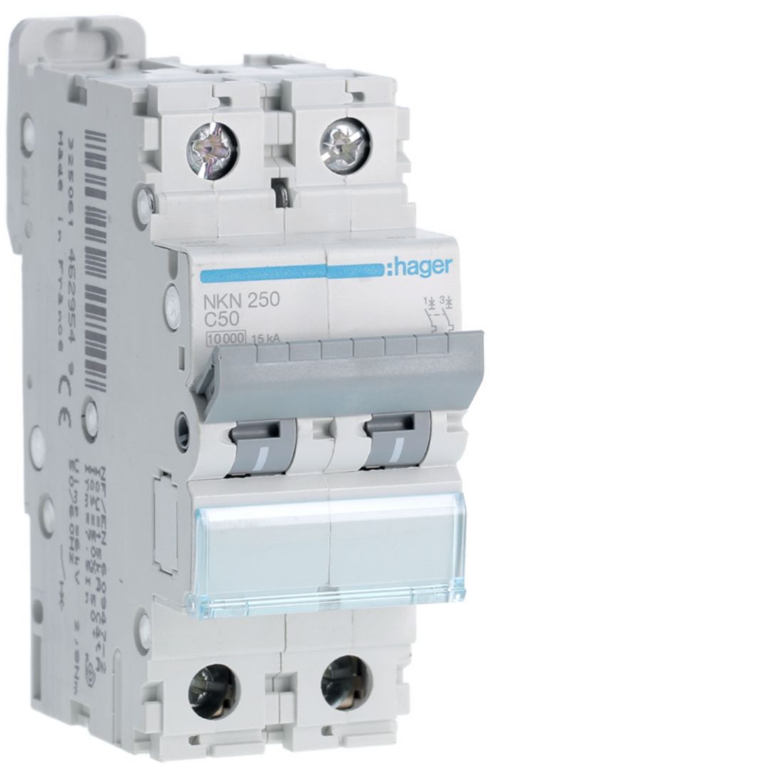 Hager Hager NKN Circuit Breaker, 2P, 50A Curve C, 400V AC, 15 kA Breaking Capacity