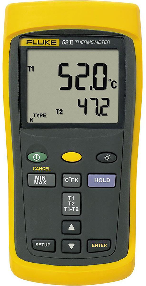 Fluke 52 II Wired Digital Thermometer for Industrial Use, E, J, K, N, R, S, T Probe, 2 Input(s), +1767°C Max, ±(0.05 %
