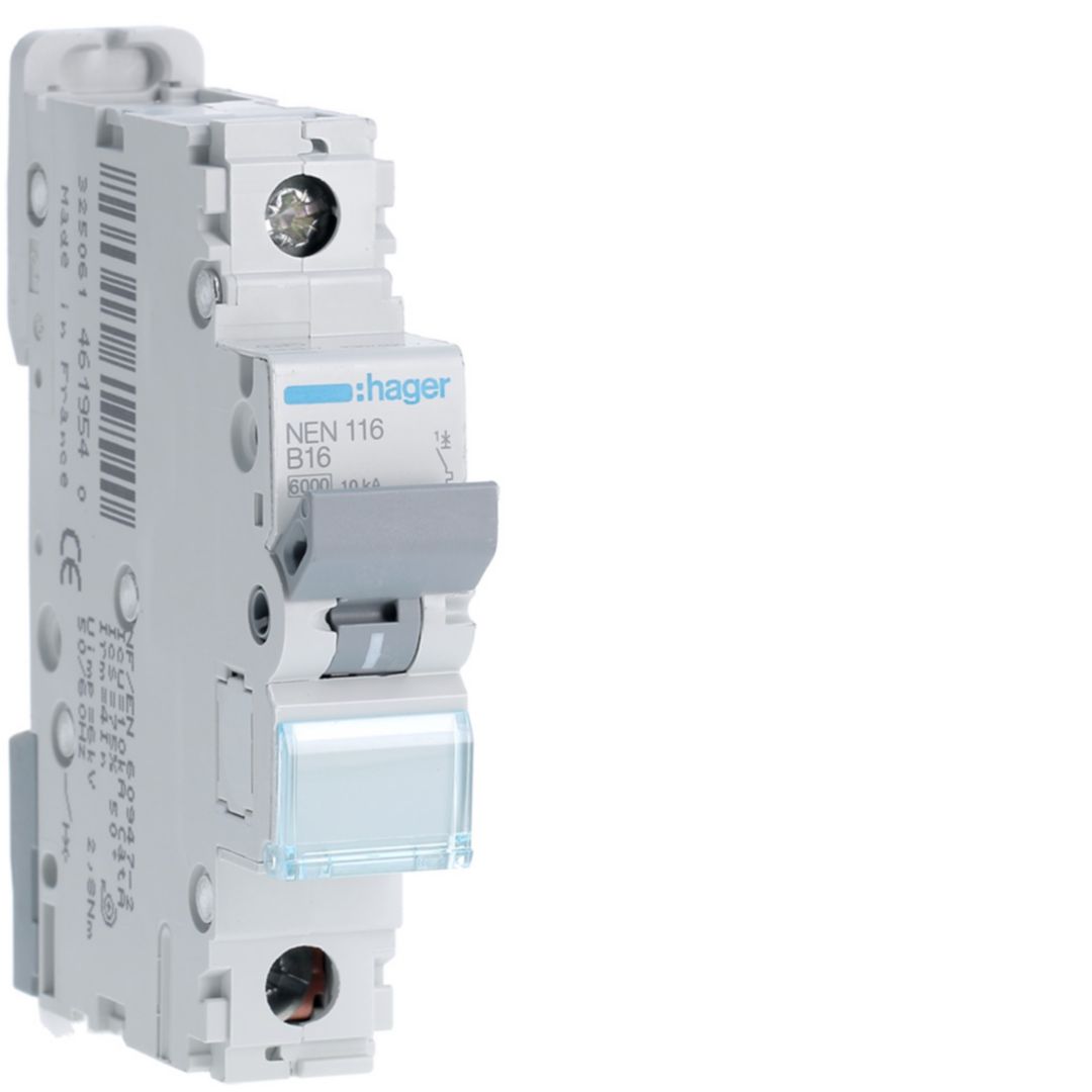 Hager Hager NEN Circuit Breaker, 1P, 16A Curve B, 230 → 400V AC, 10 kA Breaking Capacity