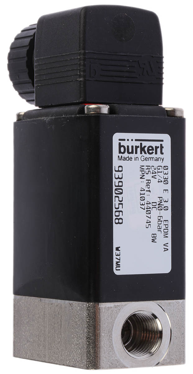 Burkert Solenoid Valve 041037, 3 Port, NO/NC, 24V dc 1/4 in G, 6.35 mm