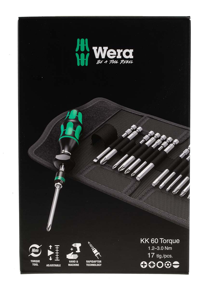 05059293001 Wera Torque Screwdriver Hexagon, Hex-Plus, Phillips, Pozidriv, Slotted, Torx Torque Screwdriver & Bit Set, 1.2 To 3 Nm,