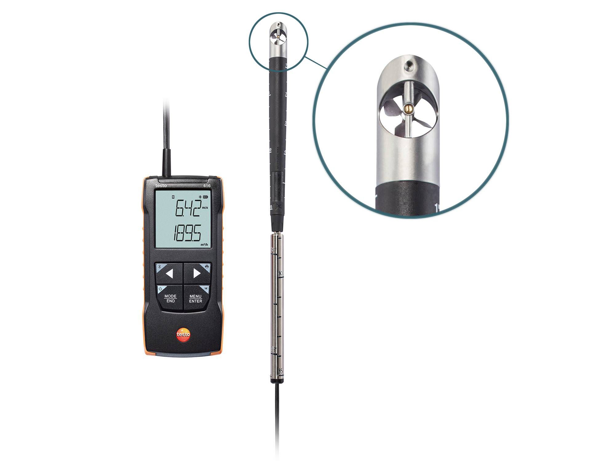 Testo 416 Telescopic Vane Anemometer, Measures Volume Air Flow, 40 m/s