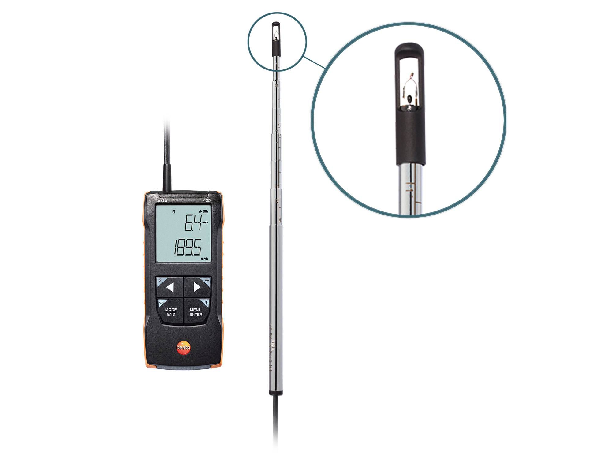 Testo 425 Telescopic Vane Anemometer, Measures Temperature, Volume, Air Velocity, Flow, 30 m/s