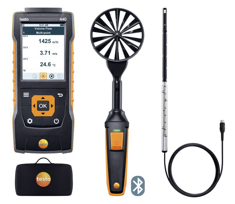 Testo 440 Air Flow ComboKit 1 with Bluetooth Hotwire, Vane, Tc, NTC Anemometer, Measures Volume Flow, Temperature, Air