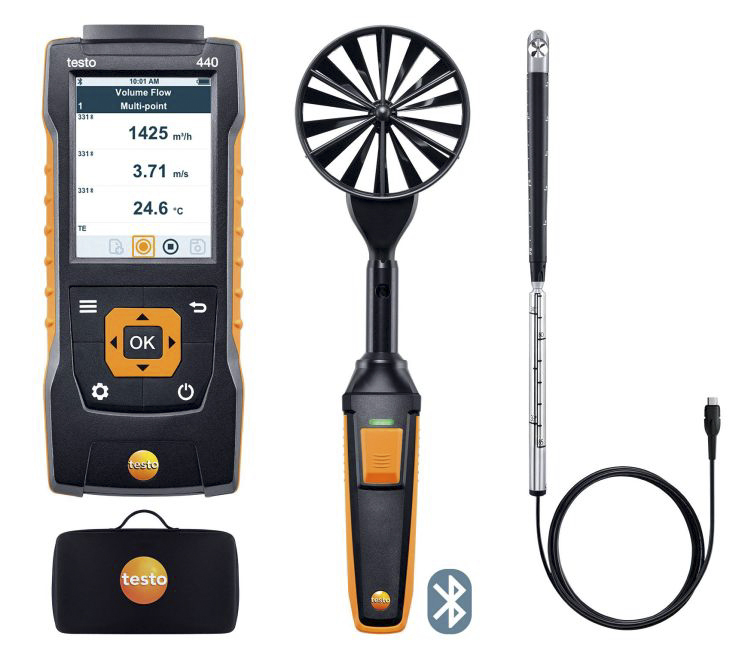Testo 440 Air Flow ComboKit 2 with Bluetooth Vane, NTC, Tc Anemometer, Measures Volume Flow, Air Velocity, Temperature,