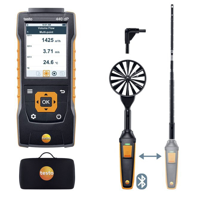 Testo 440 dP Air Flow ComboKit 1 with Bluetooth NTC, Hotwire, Vane, Tc Anemometer, Measures Humidity, Air Velocity,