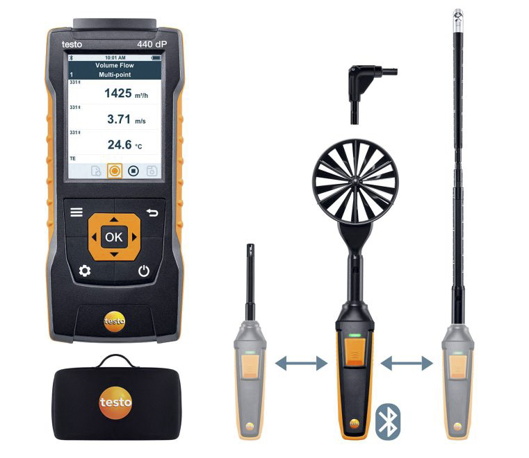 Testo 440 dP Air Flow ComboKit 2 with Bluetooth Tc, Vane, NTC Anemometer, Measures Differential Pressure, Humidity,