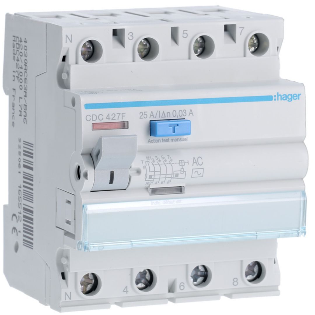 Hager CDC RCD Switch, 25A, 4 Pole, 30mA, Type AC, 230 → 400V