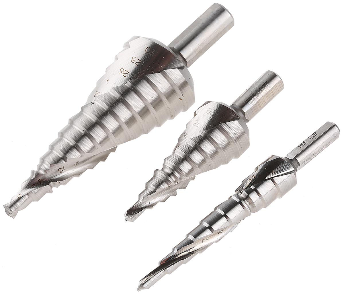 07004 EXACT 3-Piece Step Drill Bit Set for Metal, 30 mm Max, 4 mm Min, High Speed Steel Bits