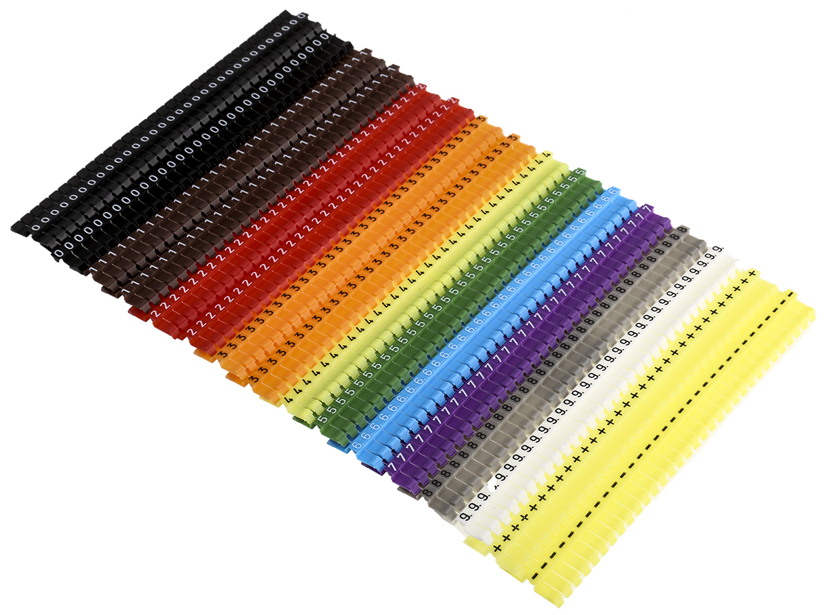 JLP PLIO®-CLIP Clip-On Cable Marker, Pre-printed "+, 0 to 9", 3.6 mm Cable Multicolour, 2.2 mm Cable, 07370301000