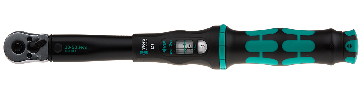 075620 Wera Click-Torque C 1 Click Torque Wrench, 10 to 50 Nm, 1/2 in Drive, Square Drive, 360mm Overall, RSCAL