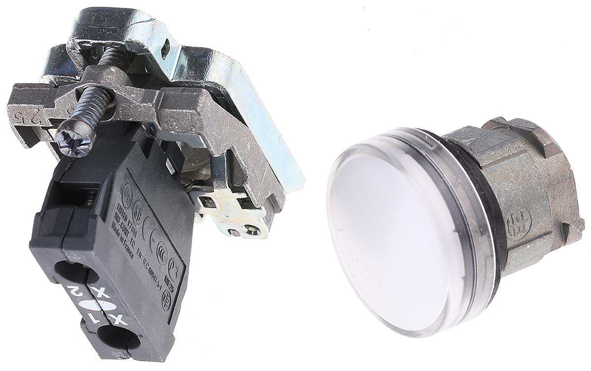 xb4bvg1 Schneider Electric Harmony XB4 White LED Pilot Light, 22mm Cutout, IP66, IP67, IP69, IP69K, 120 V ac, 3 A ac, 270 mA dc
