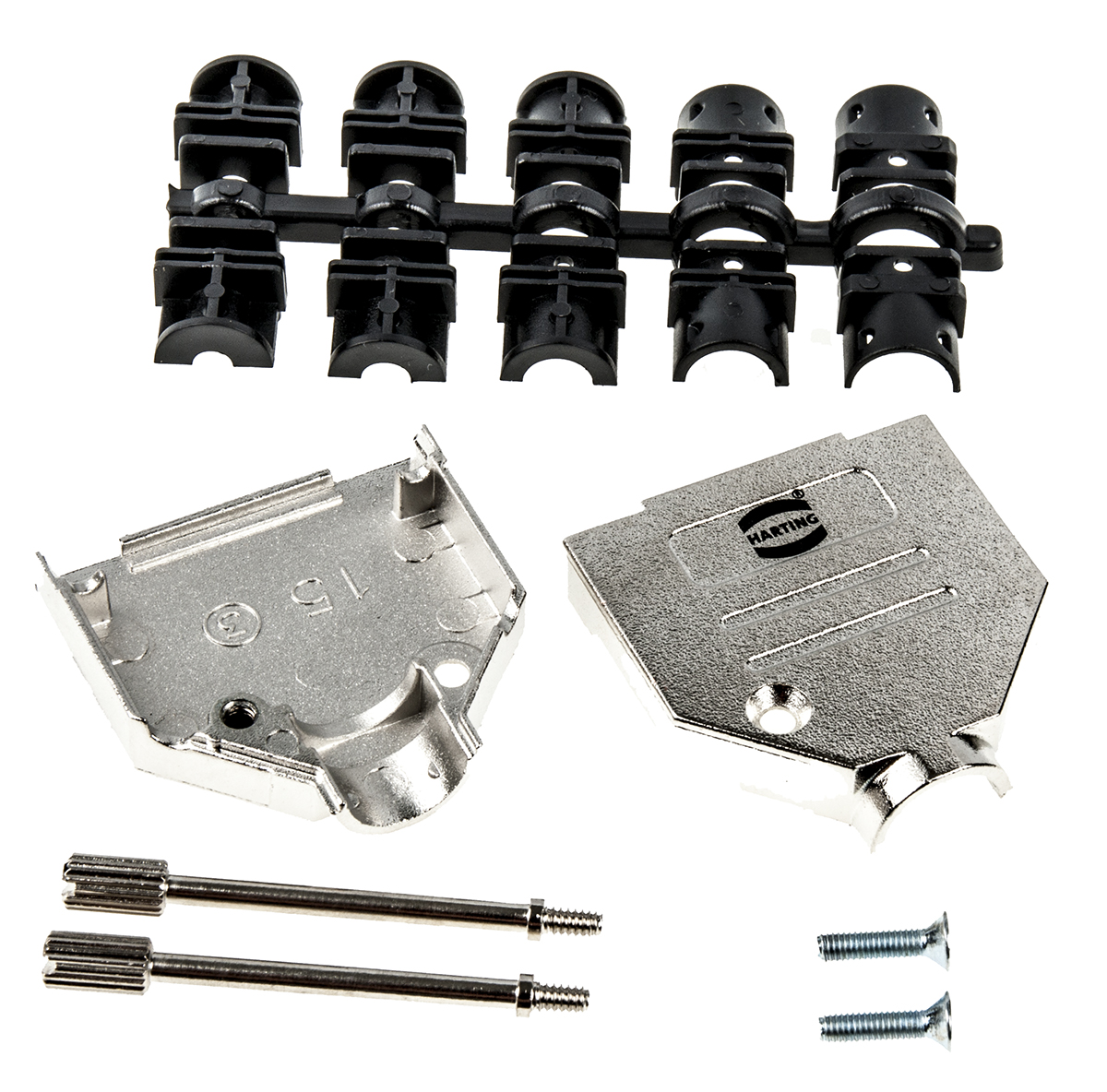 09670150343 HARTING D-Sub Series Metal Straight D-Sub Backshell, 15 Way Strain Relief