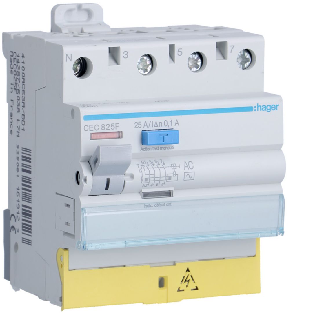 Hager CEC RCCB, 25A, 3P+N Pole, 100mA, Type AC, 230 → 400V ac