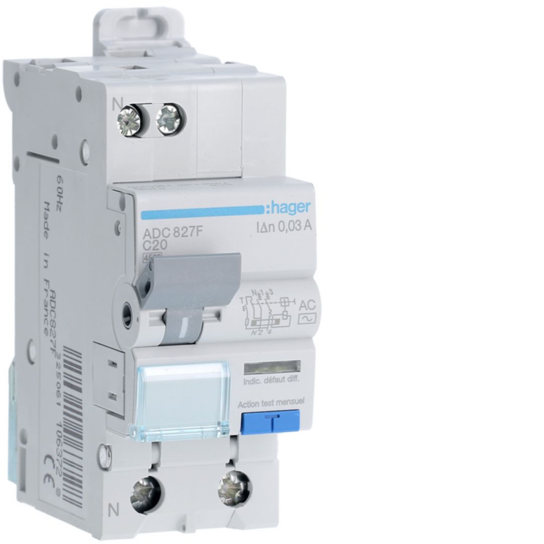 Hager RCBO, 20A Current Rating, 1P+N Poles, 30mA Trip Sensitivity, Type AC