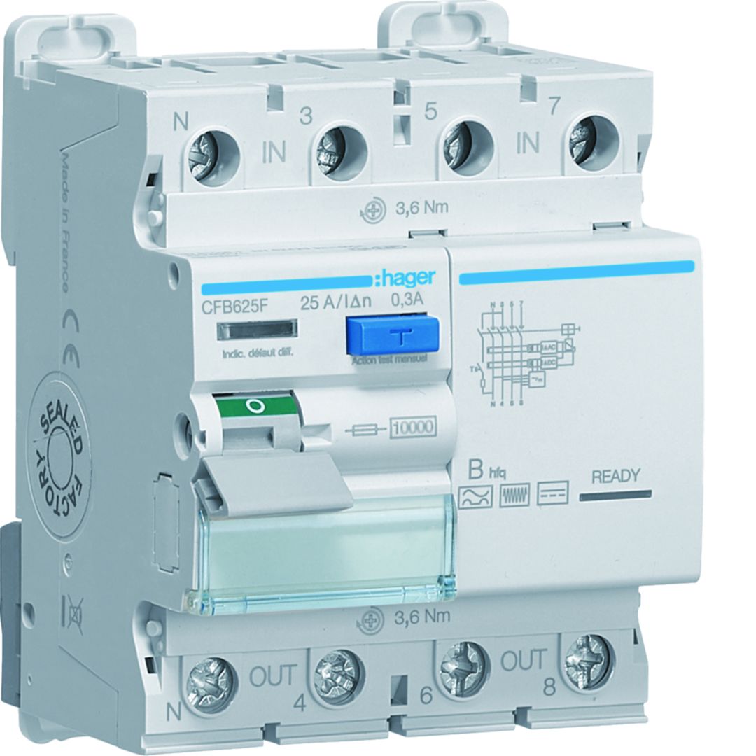 Hager CFB RCD Switch, 25A, 4 Pole, 300mA, Type B, 230 → 400V