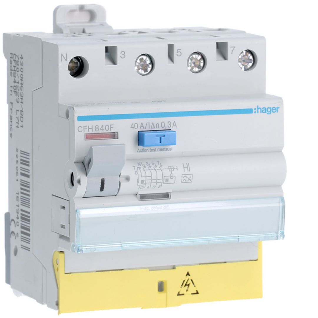Hager CFH RCCB, 40A, 3P+N Pole, 300mA, Type A-HI, 230 → 400V ac