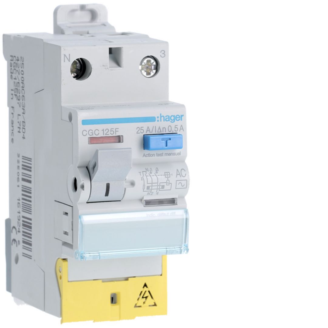 Hager CGC RCCB, 25A, 1P+N Pole, 500mA, Type AC, 230V ac