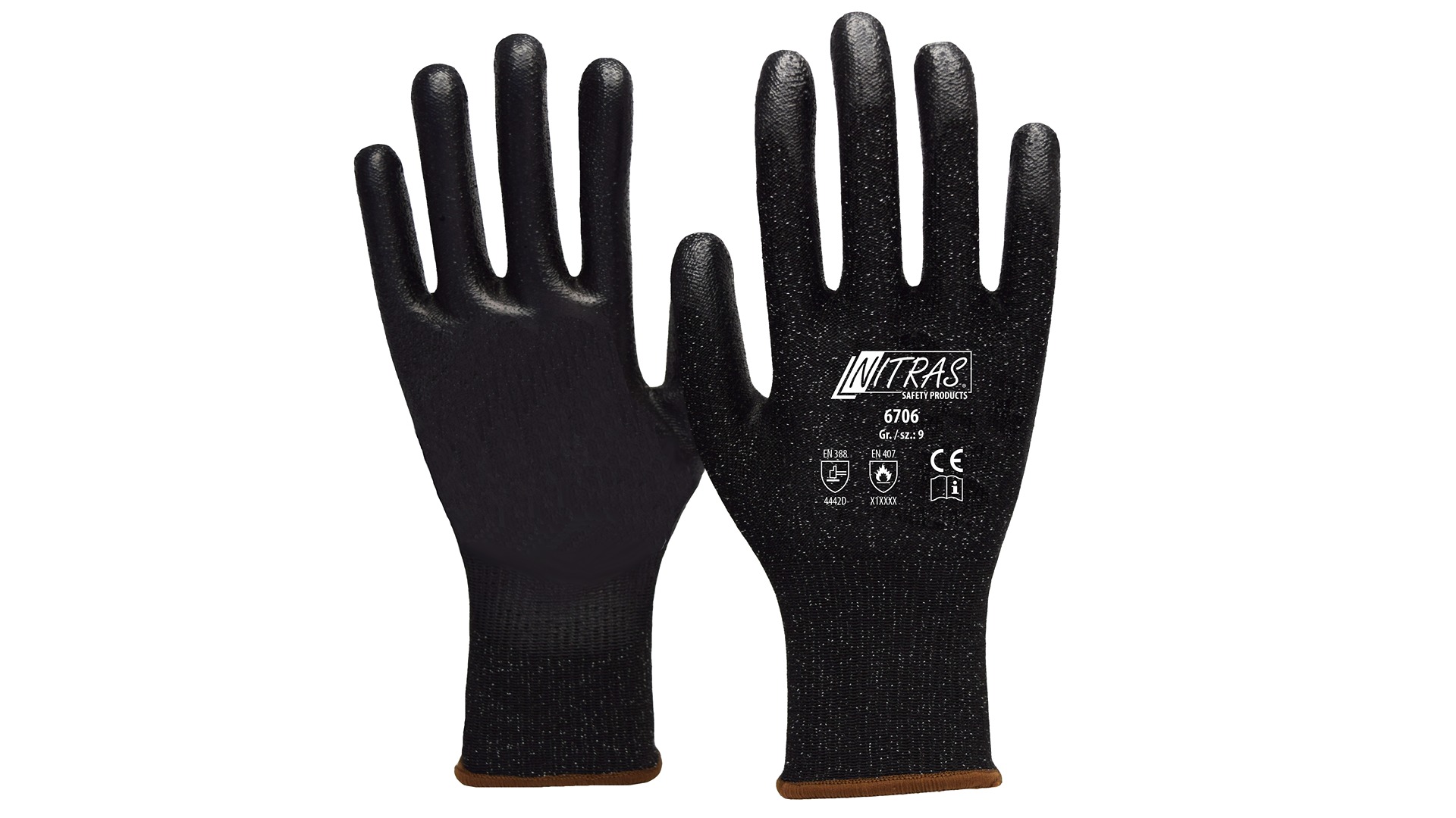NITRAS SAFETY Black Yarn Yarn Work Gloves, Size 7, Polyurethane Coating