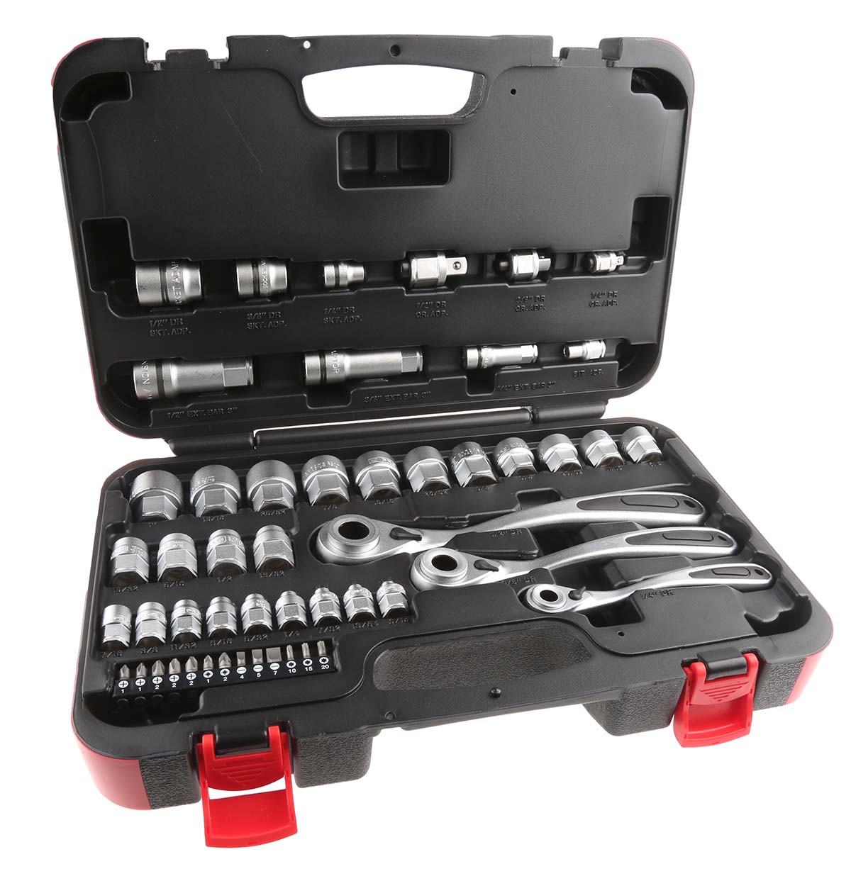 144-7958 RS PRO 50-Piece 1/2 in; 1/4 in; 3/8 in Standard Socket/Bit Set with Ratchet