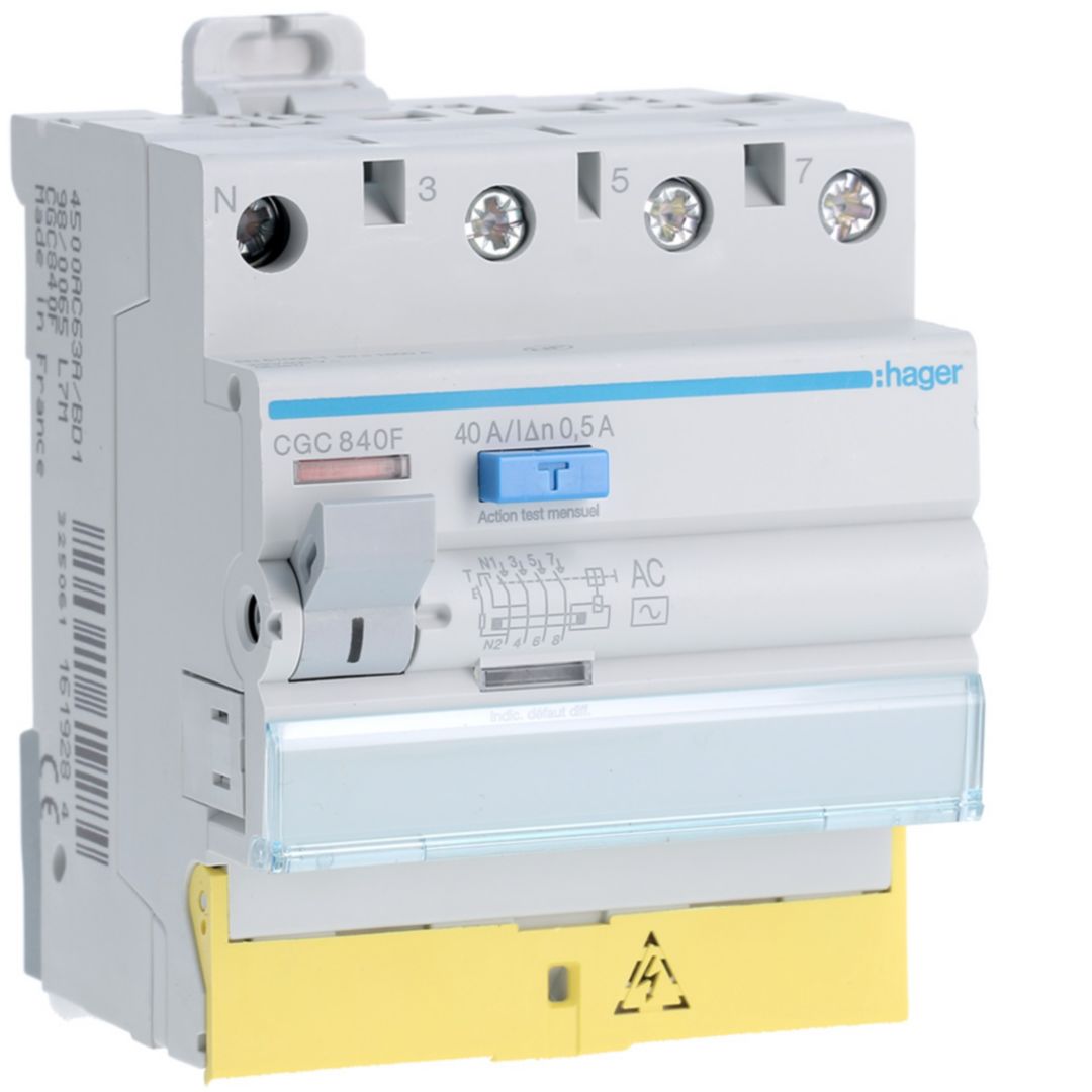 Hager CGC RCD Switch, 40A, 4 Pole, 500mA, Type AC, 230 → 400V
