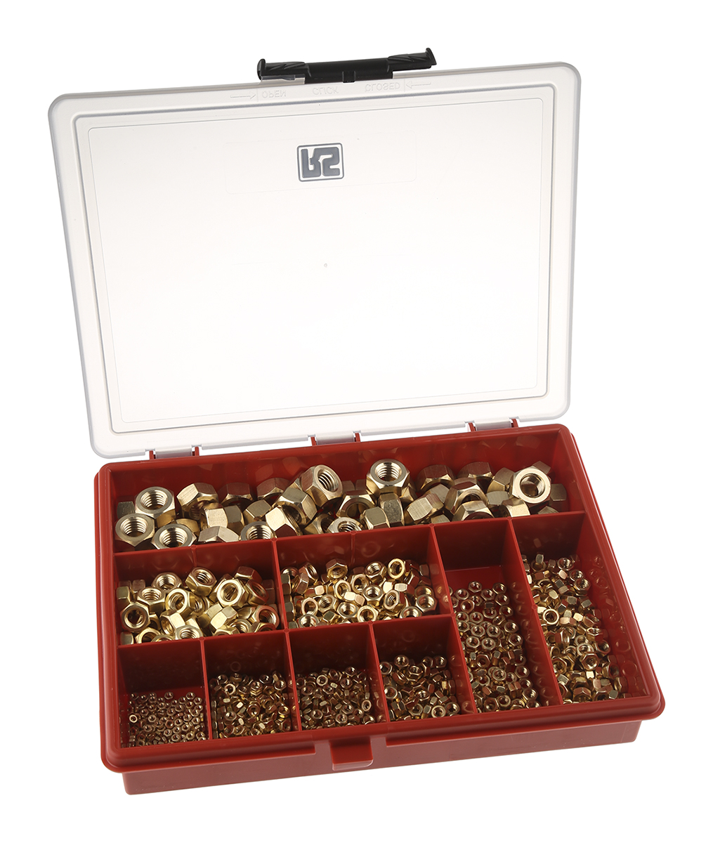 RS PRO Brass Hex Nuts Box, 1020 Pieces
