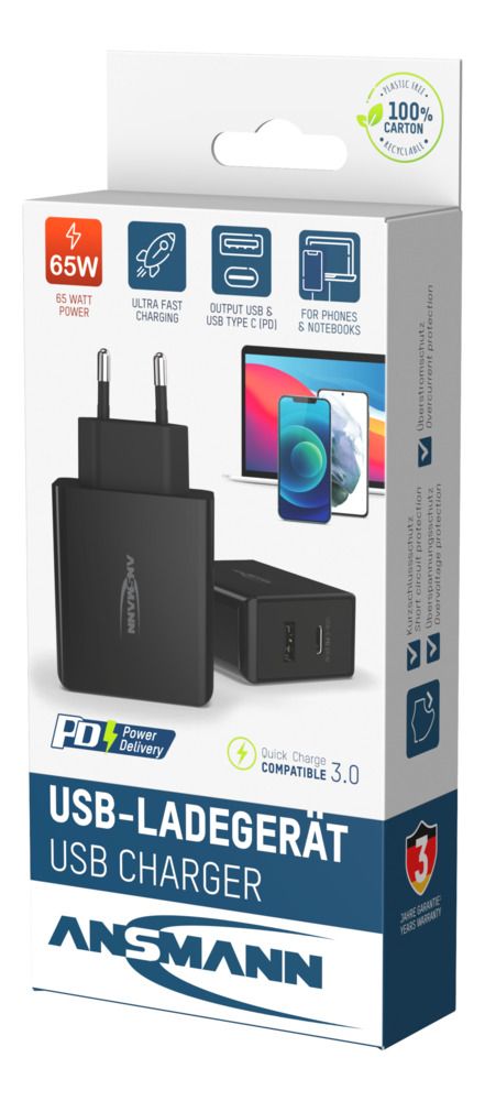 1001-0096 Ansmann 65 W AC/DC Adapter AC/DC Adapter EU 20V dc Output, 3 A
