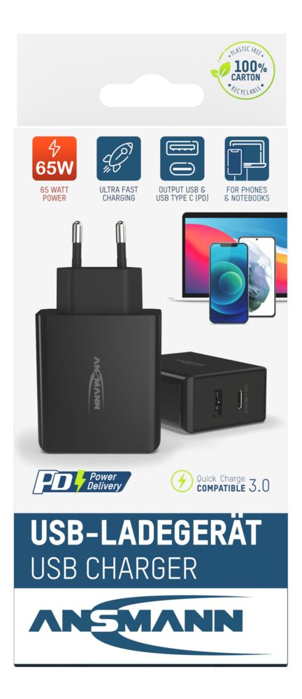 1001-0096 Ansmann 65 W AC/DC Adapter AC/DC Adapter EU 20V dc Output, 3 A