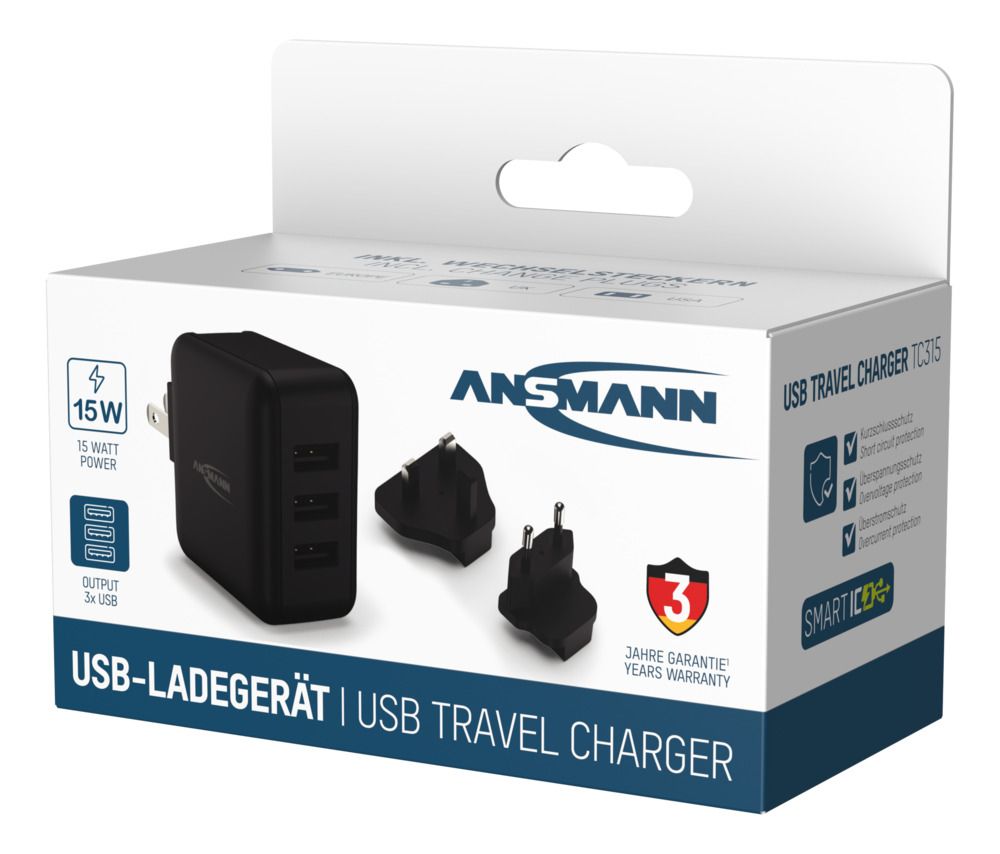 1001-0139-520 Ansmann 15 W AC/DC Adapter AC/DC Adapter EU, US, UK 5V dc Output, 0.5 A