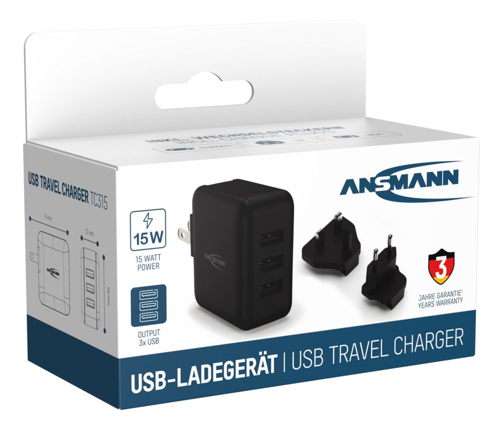 1001-0139-520 Ansmann 15 W AC/DC Adapter AC/DC Adapter EU, US, UK 5V dc Output, 0.5 A