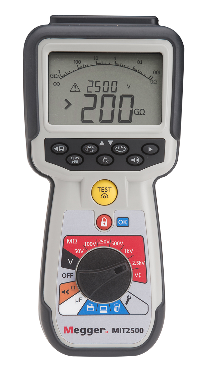 Megger MIT2500 Insulation Tester, 50 V Min, 2500 V Max, 200 GΩ CAT IV