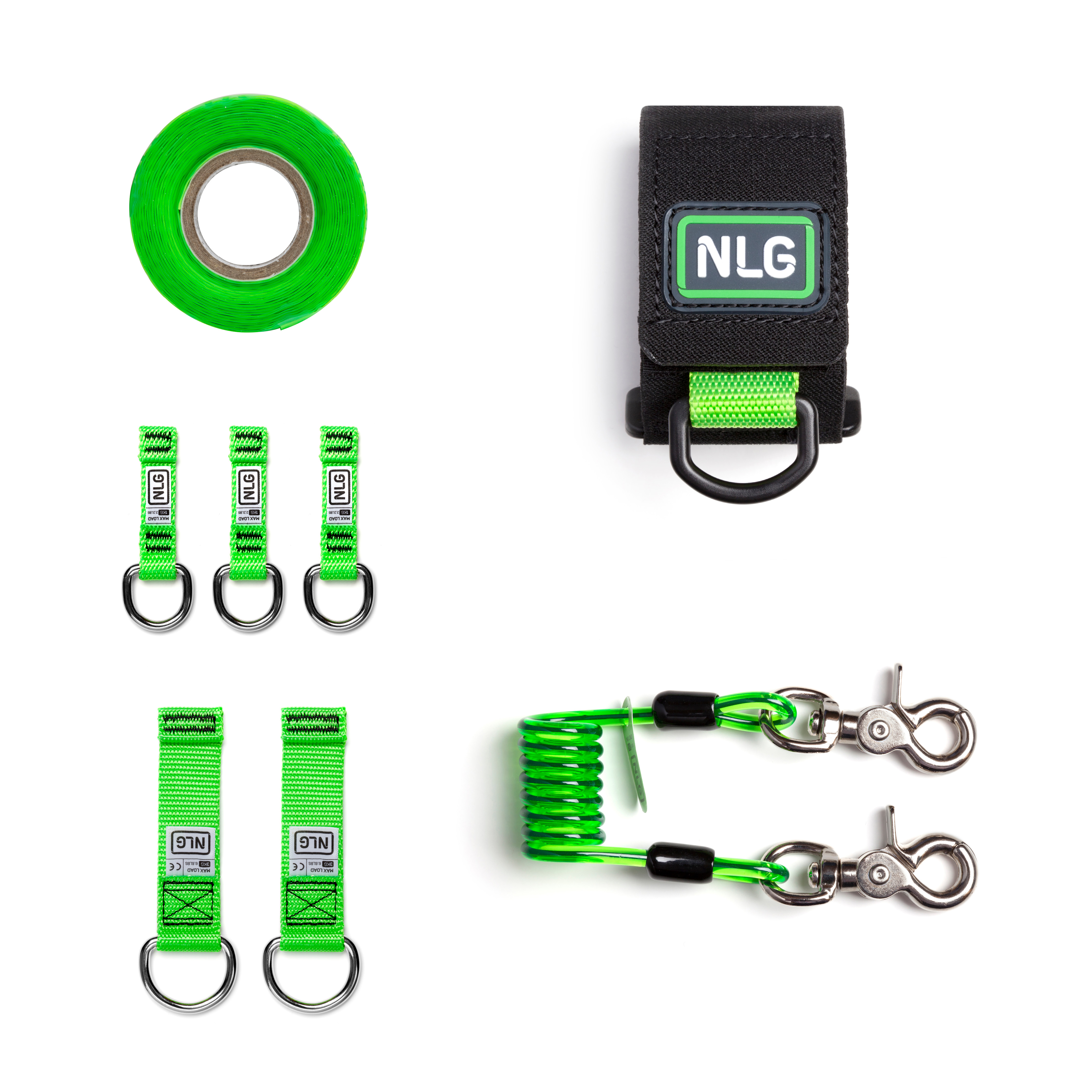 Never Let Go with (3) NLG Small D Ring Tool Tether, (1) NLG Adjustable Wristband, (1) NLG Tether Tape, (2) NLG Large D