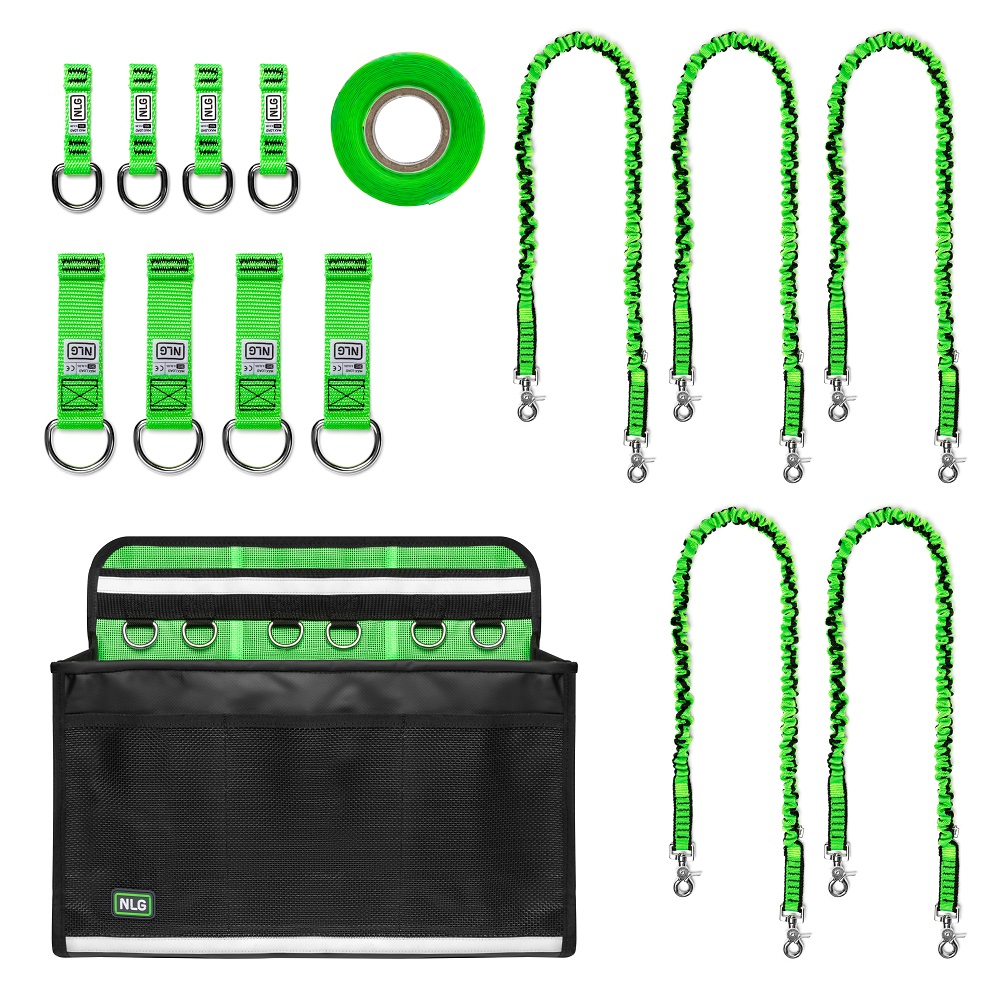 Never Let Go with (4) NLG Small D Ring Tool Tether, (1) NLG MEWP Bag (101423), (1) NLG Tether Tape (101355), (4) NLG