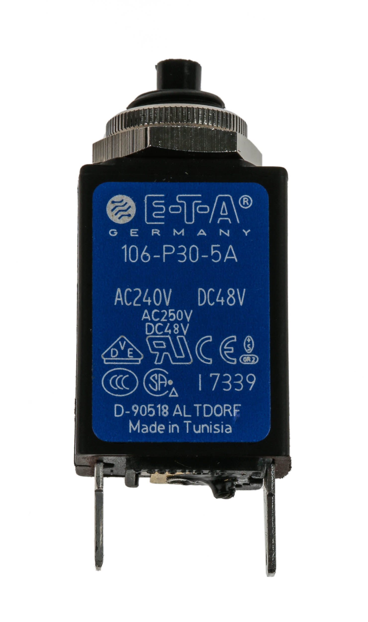 ETA 106-P30 106-P30 Thermal Circuit Breaker - 1-Pole, DIN Rail, 5A Current Rating, 200 A, 250V ac, 48 V dc