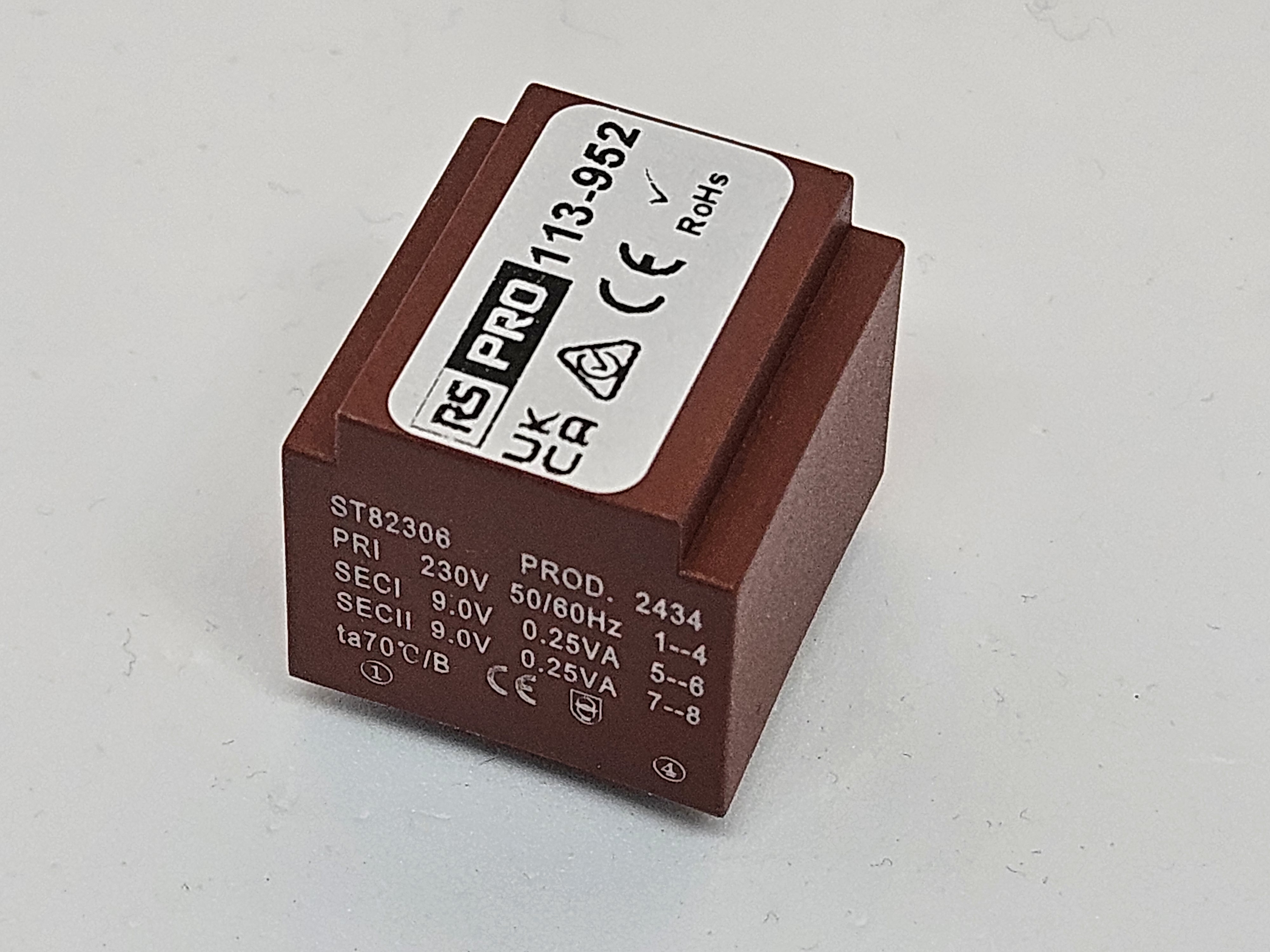 113-952 RS PRO 2x9 V ac 1 Output PCB PCB Transformer, IEC/BS/EN 61558-1 AS/NZS 61558.1 IEC/BS/EN 61558-2-6 AS/NZS 61558.2.6 16