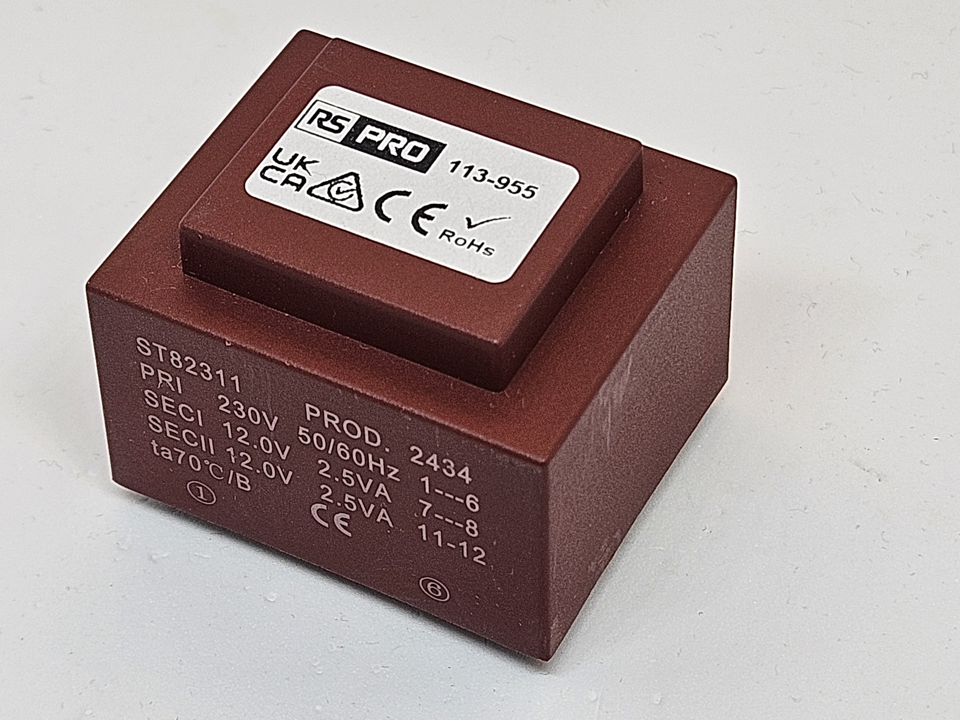 113-955 RS PRO 2x12 V ac 1 Output PCB PCB Transformer, RoHS, ASNZS 61558.1, ASNZS 61558..6, IECBSEN 615586, CE, IECBSEN 615581