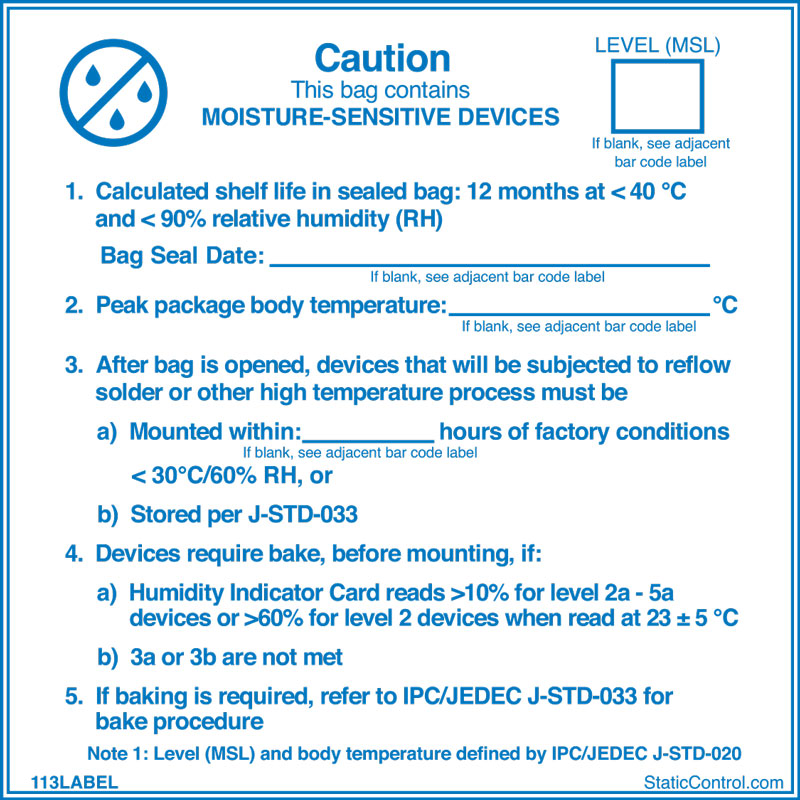 SCS Blue Paper ESD Label Moisture Sensitive Caution Label Text 102 mm x 102mm