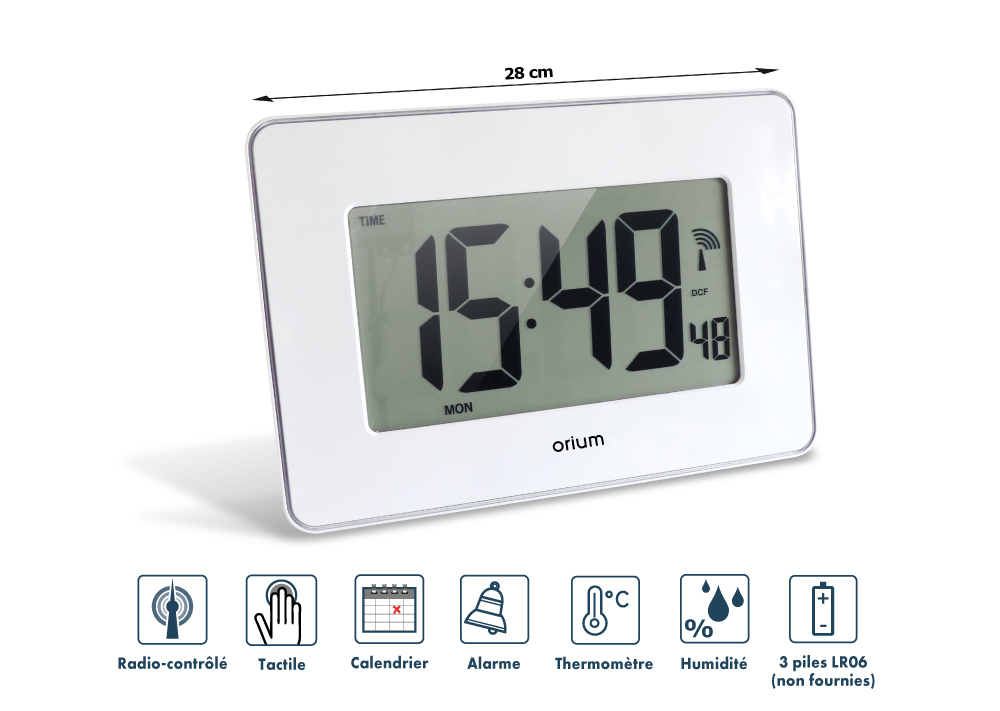 11970 Orium White Radio Controlled Digital Clock, 40 cm Diameter Desktop, Wall