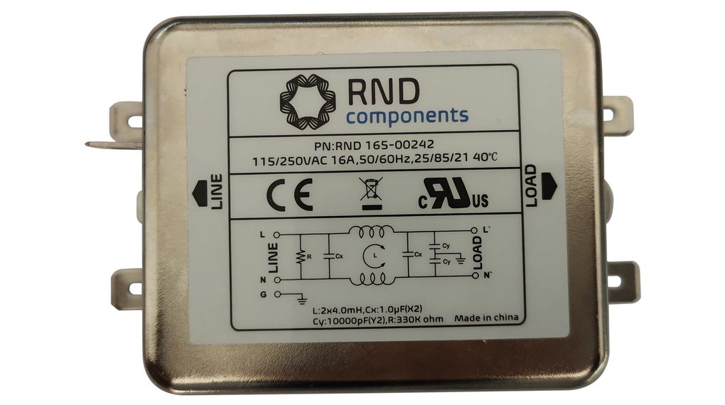 RND, RND 165 16A 250 V 50 Hz, 60 Hz, Chassis Mount EMI Filter, Tab, Single Phase