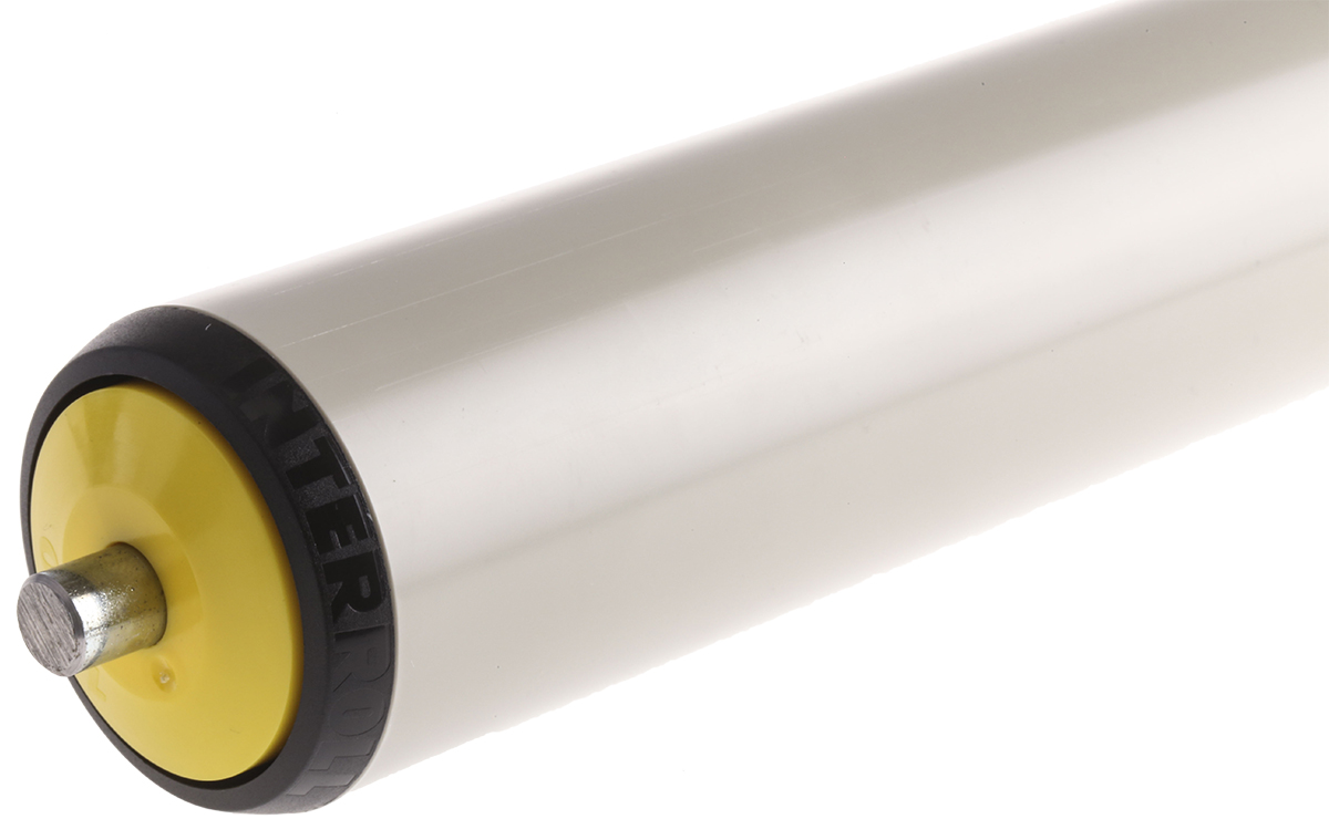 Interroll Plastic Round Conveyor Roller Spring Loaded 50 mm Dia. x 500 mm L, Steel, 10 mm Spindle, 530mm Overall Length
