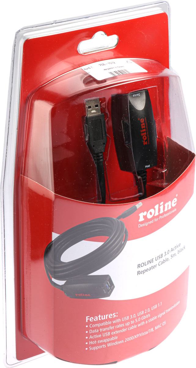 12041096-8 Roline  USB 3.0, Male USB Type A to Female USB Type A, Black, 5 m