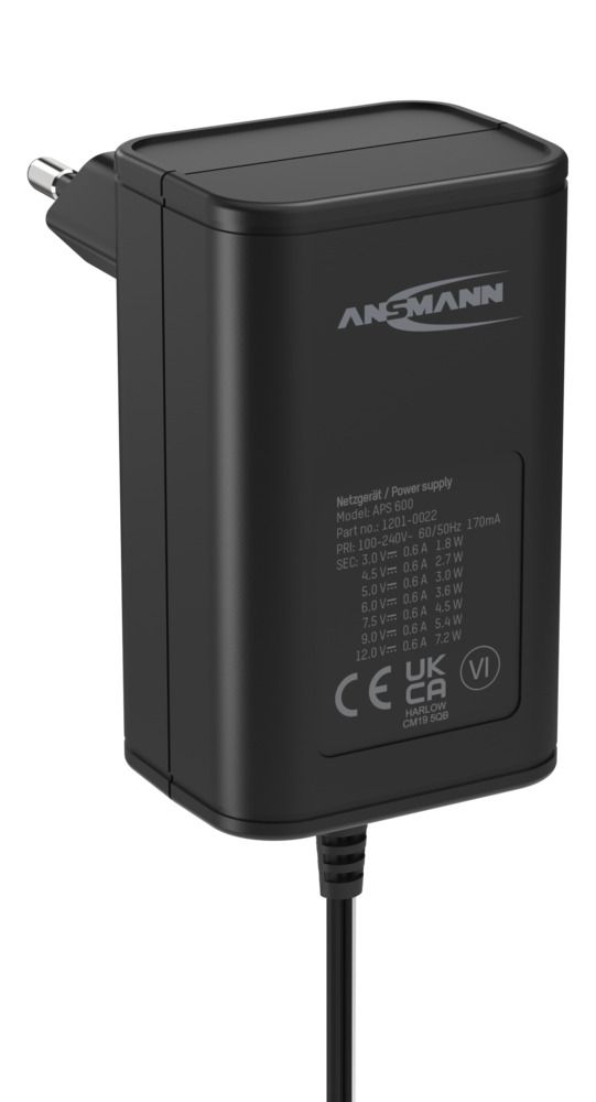 1201-0000 Ansmann 7.2 W AC/DC Adapter AC/DC Adapter Type C 12V dc, 3 V dc, 4.5 V dc, 5 V dc, 6 V dc, 7.5 V dc, 9 V dc Output, 600