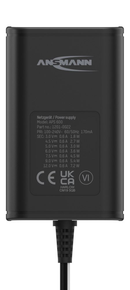 1201-0000 Ansmann 7.2 W AC/DC Adapter AC/DC Adapter Type C 12V dc, 3 V dc, 4.5 V dc, 5 V dc, 6 V dc, 7.5 V dc, 9 V dc Output, 600