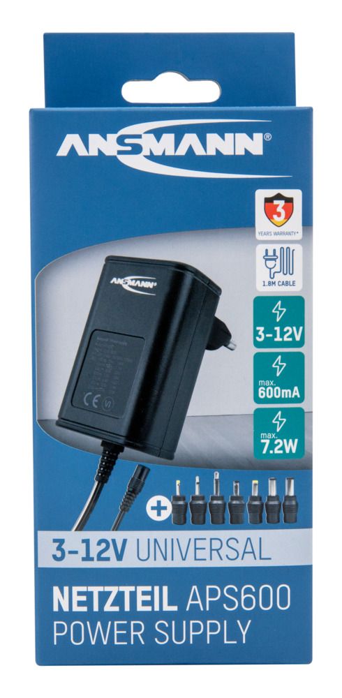 1201-0000 Ansmann 7.2 W AC/DC Adapter AC/DC Adapter Type C 12V dc, 3 V dc, 4.5 V dc, 5 V dc, 6 V dc, 7.5 V dc, 9 V dc Output, 600