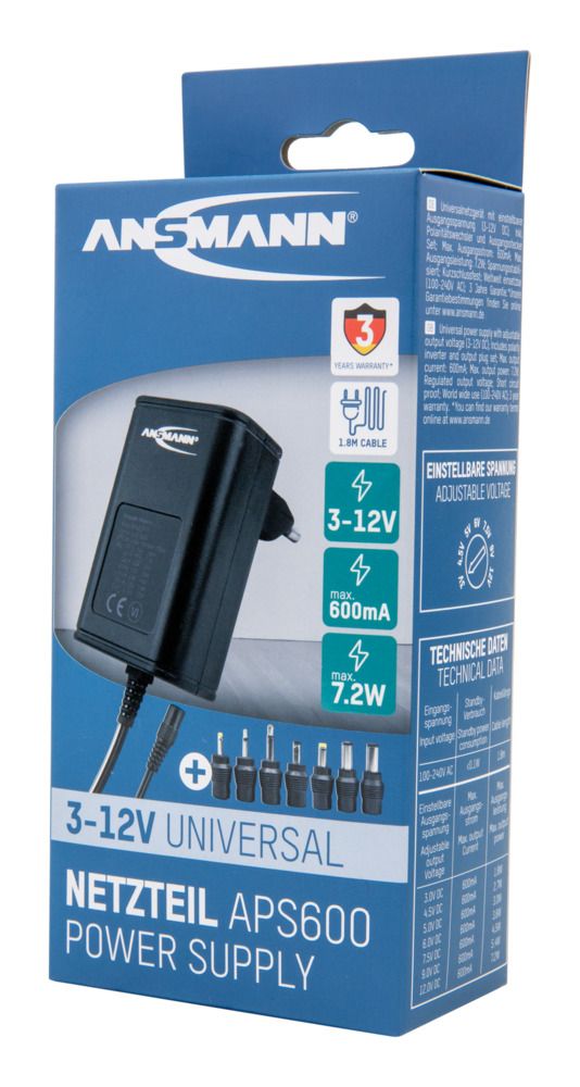 1201-0000 Ansmann 7.2 W AC/DC Adapter AC/DC Adapter Type C 12V dc, 3 V dc, 4.5 V dc, 5 V dc, 6 V dc, 7.5 V dc, 9 V dc Output, 600