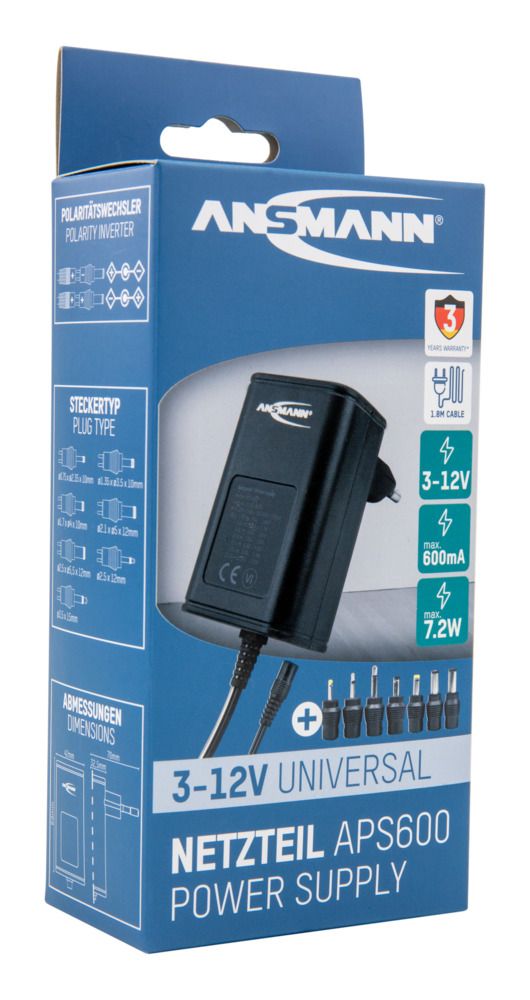 1201-0000 Ansmann 7.2 W AC/DC Adapter AC/DC Adapter Type C 12V dc, 3 V dc, 4.5 V dc, 5 V dc, 6 V dc, 7.5 V dc, 9 V dc Output, 600