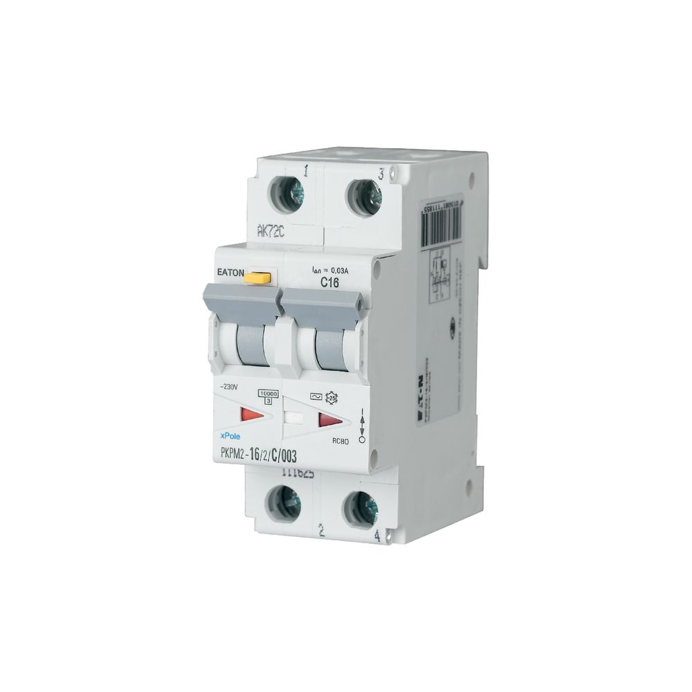 Eaton RCBO, 16A Current Rating, 2P Poles, 30mA Trip Sensitivity, Type B, Series xPole Range